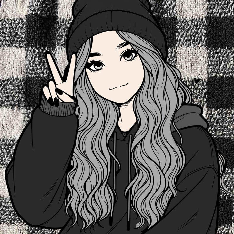 a teenage girl in a beanie, oversized sweatshirt, wavy long hair, and is showing a ✌️