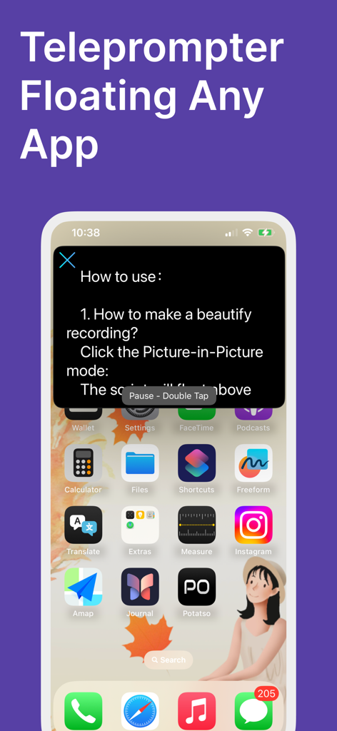 Teleprompter™ - The Teleprompter app displaying a floating script window over an iPhone home screen for recording content