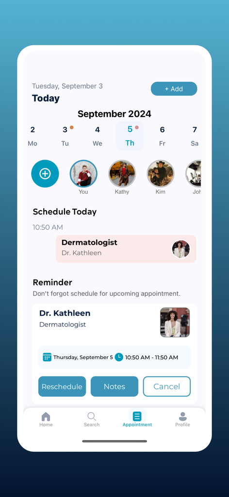 MY JOURNAL MED app appointment screen showing a medical calendar and upcoming doctor visit reminders