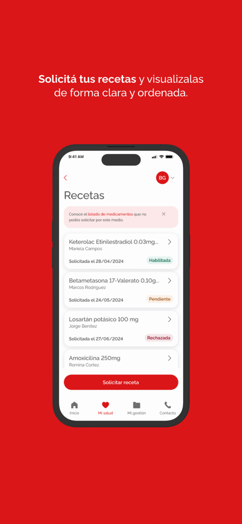 Swiss Medical - Un écran mobile montrant une liste de prescriptions médicales avec des mises à jour de statut et un bouton de demande dans l'application Swiss Medical.