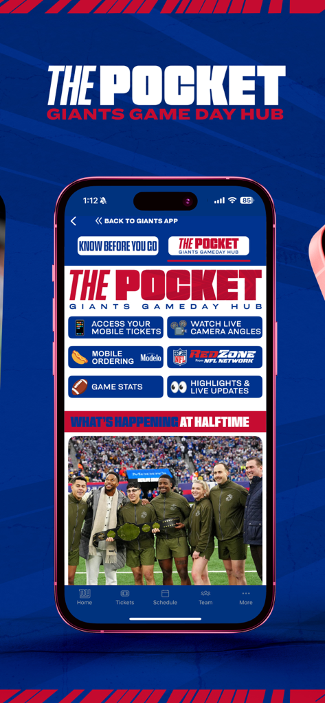 Mobile screen of the New York Giants Gameday Hub showing ticket access and stadium ordering features