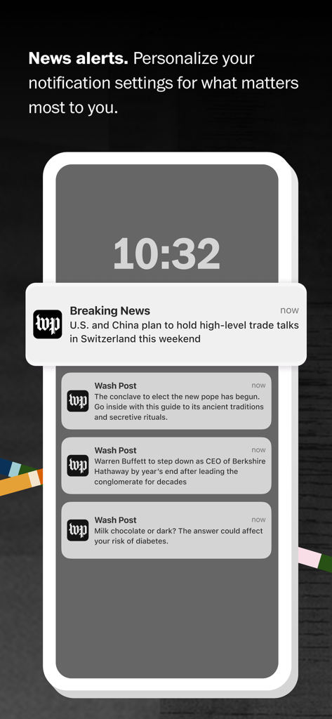 Smartphone screen showing breaking news and personalized alerts from the Washington Post app