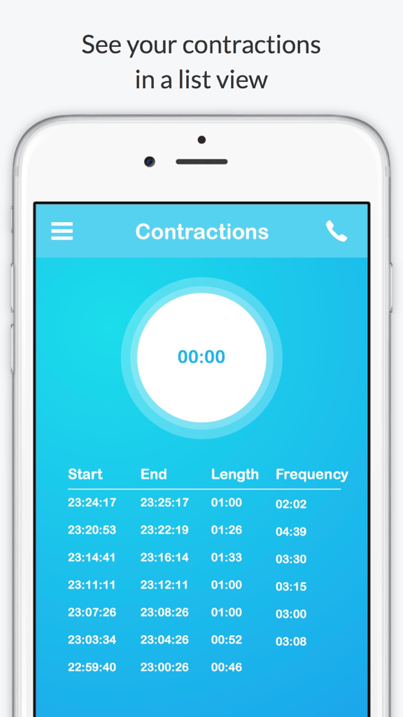 A smartphone screen displaying a list of recorded labor contractions with start and end times.