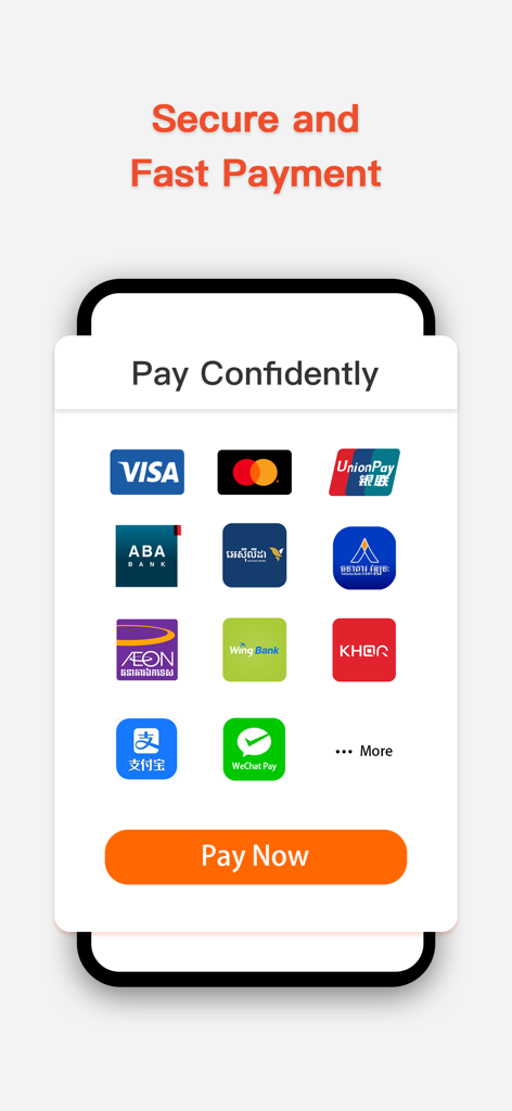 Smile Shopモバイルアプリの画面。Visa、Mastercard、UnionPay、Alipay、WeChat Pay、および地元のカンボジア銀行を含む、安全で高速な様々な支払いオプションが表示されています。