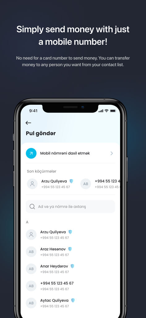 Interfaccia dell'app del portafoglio elettronico MPAY che mostra un elenco di contatti per inviare denaro utilizzando numeri di telefono cellulare