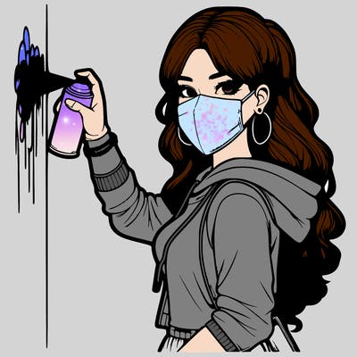 realistic girl with mask spray painting a wall