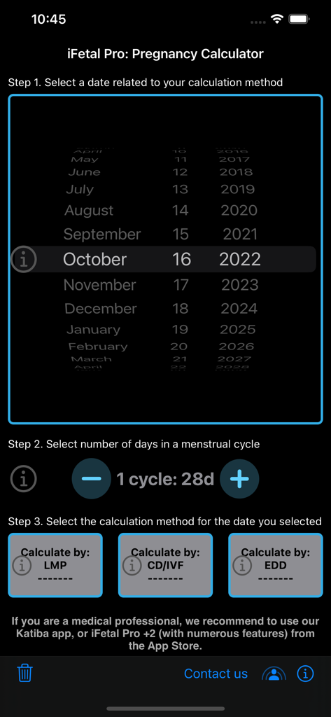 iFetal Pro - Setup screen of iFetal Pro pregnancy calculator app for selecting dates and methods