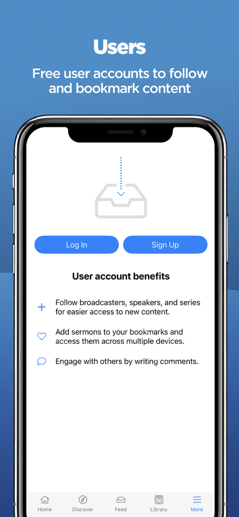 Sermons by SermonAudio - A screen from the Sermons by SermonAudio app explaining the benefits of a free user account such as following broadcasters and bookmarking content