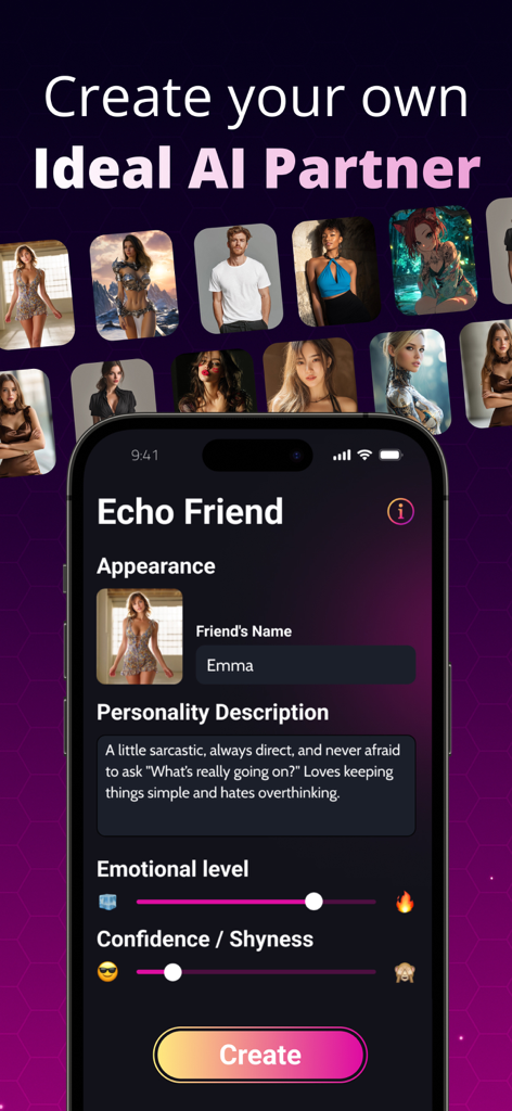 Interface for creating a custom AI partner in the MurMe app showing personality and appearance settings
