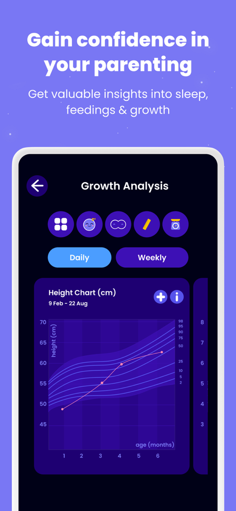 Happy Baby - Sleep & Tracker - Happy Baby app growth analysis screen showing a height chart for infants by age in months.