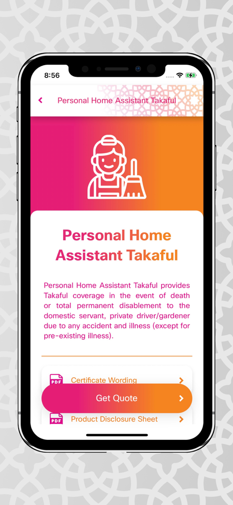 Personal Home Assistant Takaful insurance plan details with a get quote button