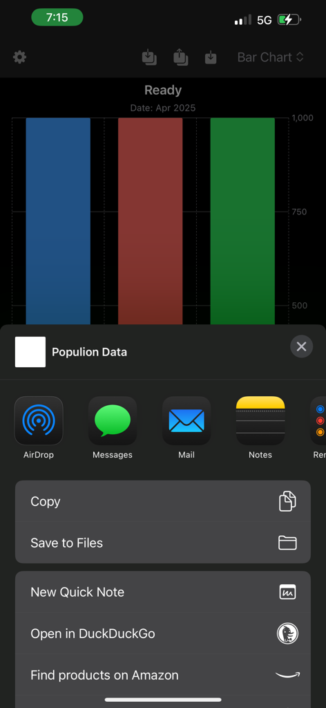 Populion app screen displaying a population bar chart and the iOS share menu for exporting simulation data