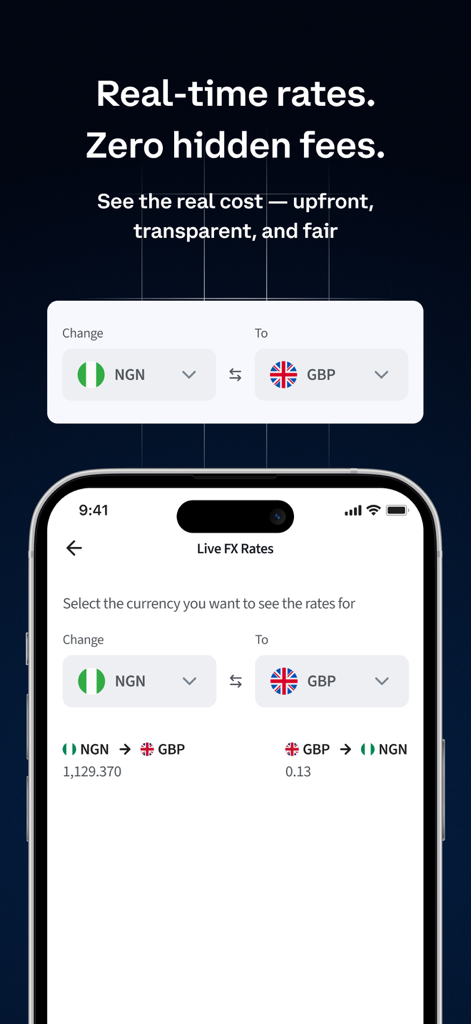 Gigbanc - Gigbanc app interface showing live currency exchange rates between Nigerian Naira and British Pound with zero hidden fees.
