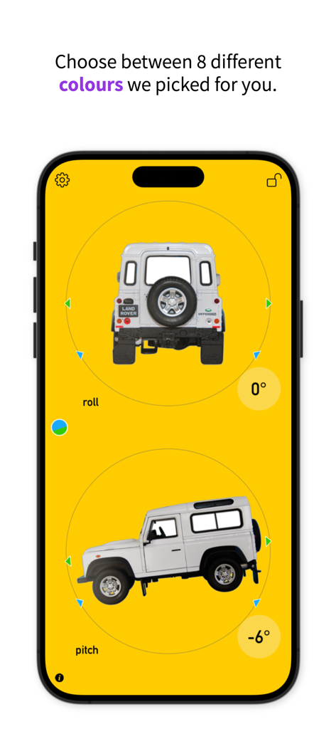 3pLevel - Inclinometer - Interfaz de la aplicación de inclinómetro 3pLevel con fondo amarillo que muestra mediciones de cabeceo y balanceo del vehículo