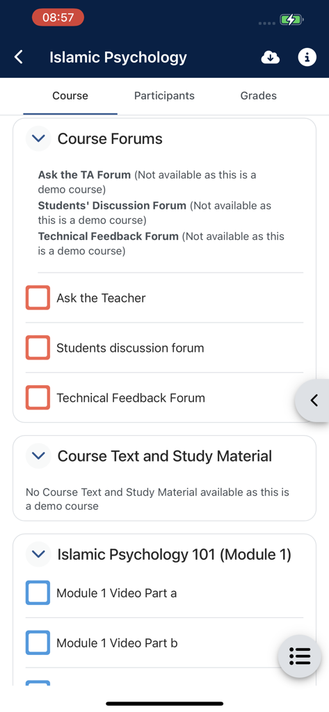 Pantalla de smartphone de la aplicación IOU que muestra el plan de estudios del curso de Psicología Islámica y los foros de estudiantes.
