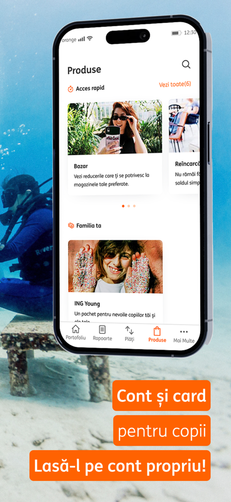 Écran de l'application mobile ING HomeBank affichant les produits bancaires et les récompenses pour enfants