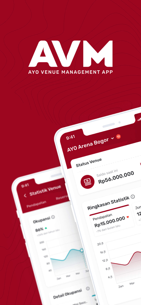 Mobile screens of AVM Ayo Venue Management app displaying venue status and usage statistics
