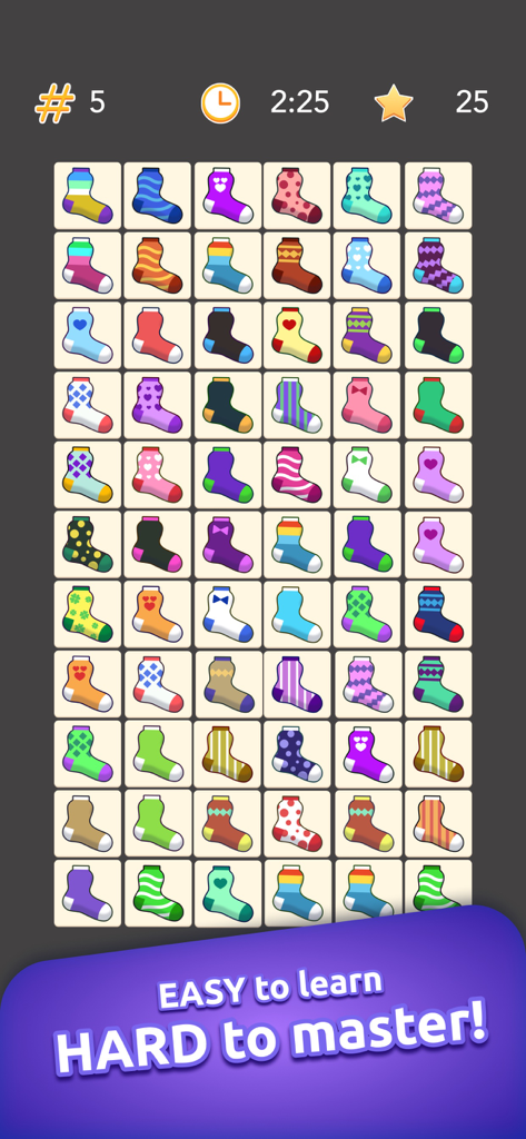 Onnect – Pair Matching Puzzle - Onnect pair matching puzzle game screen with colorful sock tiles