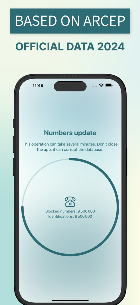 Pantalla de smartphone que muestra la aplicación AntiSpam actualizando su base de datos con más de 9 millones de números bloqueados basándose en datos oficiales de 2024.