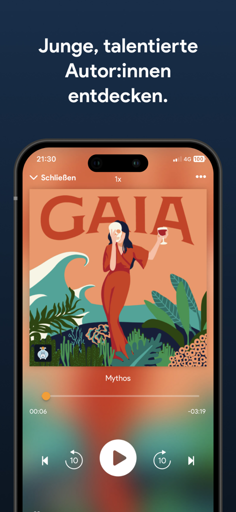 Tela do smartphone mostrando o reprodutor de audiolivros do aplicativo Fliegenglas com a capa de Gaia e controles de reprodução padrão