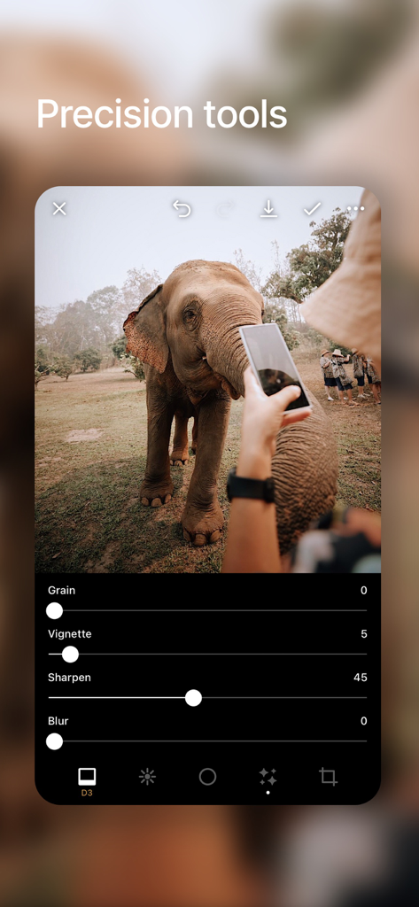 EPISHI: Photo & Video Editor - The EPISHI app interface showing precision tools for photo editing with adjustment sliders