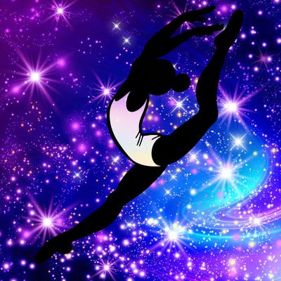 gymnast doing a leap in a leotard with a bent back leg