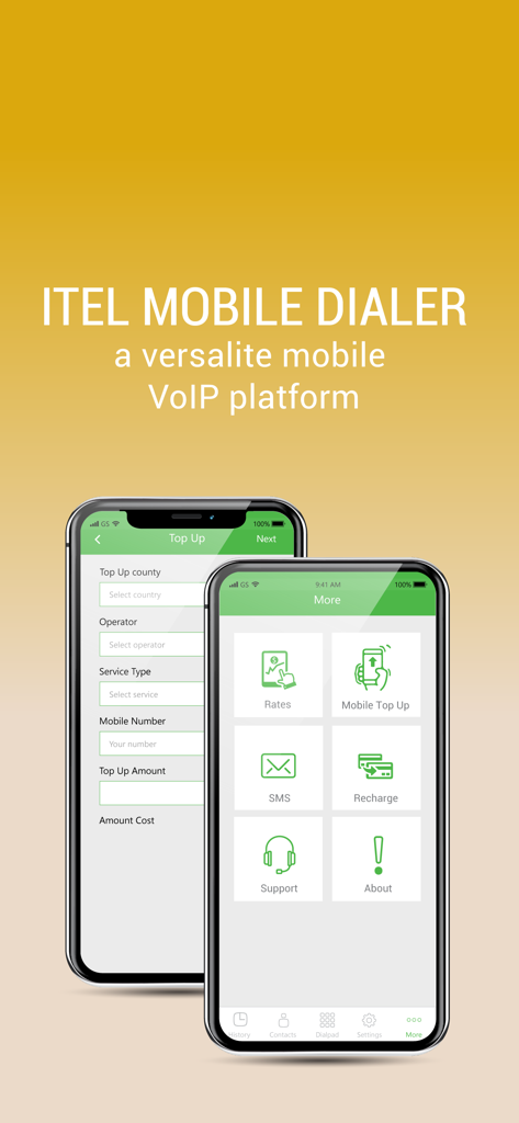 iTel Mobile Dialer app interface featuring mobile top up and VoIP services