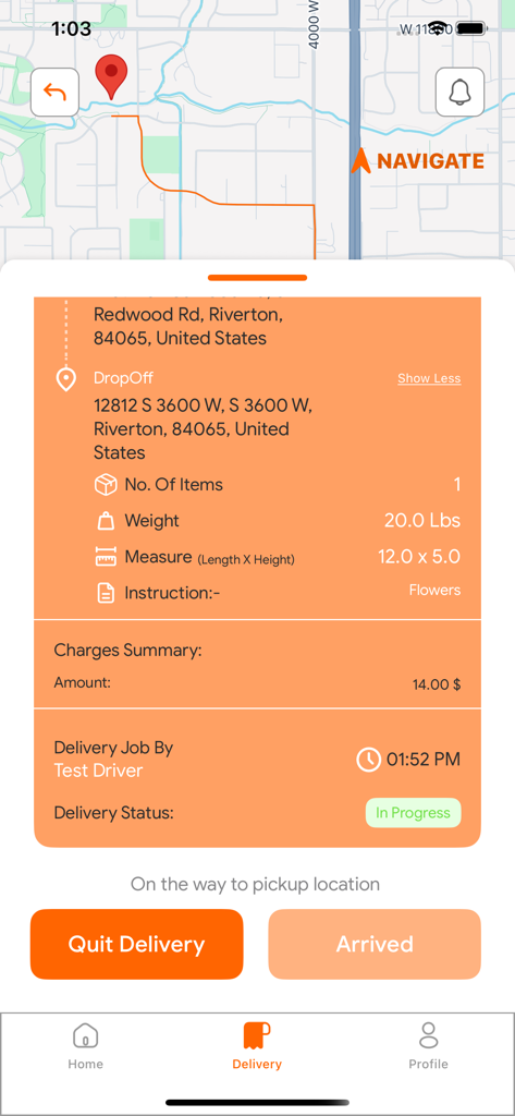 Bytech Systems Services - Bytech delivery app interface showing map navigation and delivery job details for a driver