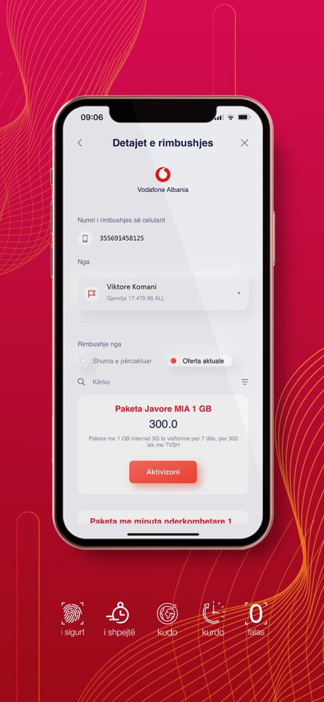 Pantalla de la aplicación móvil BKT Smart para recargar un número de teléfono de Vodafone Albania.