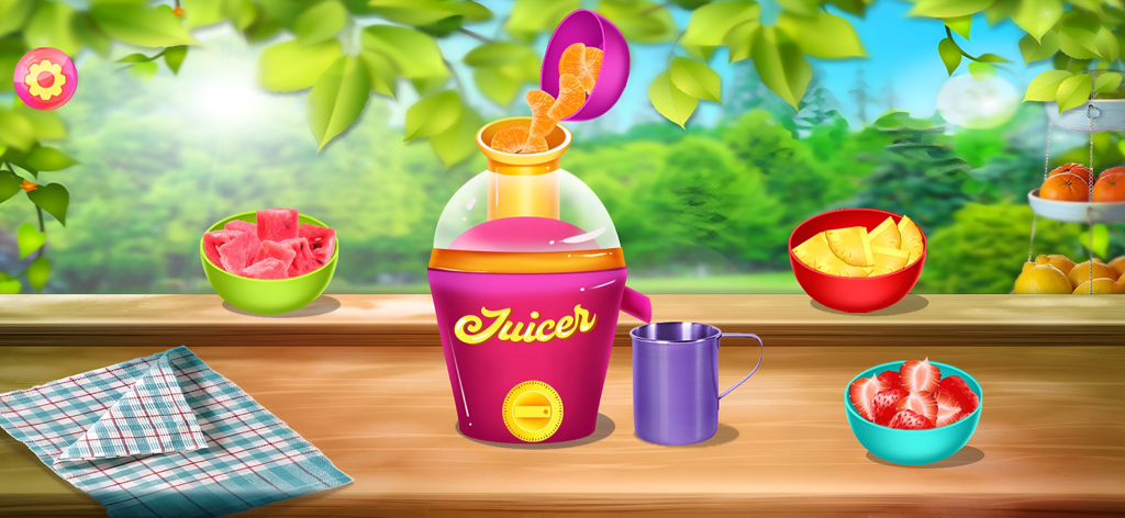 Juice Maker - Summer Drinks - A pink juicer machine on a wooden table with bowls of fresh strawberries, pineapple, and watermelon in a sunny garden.