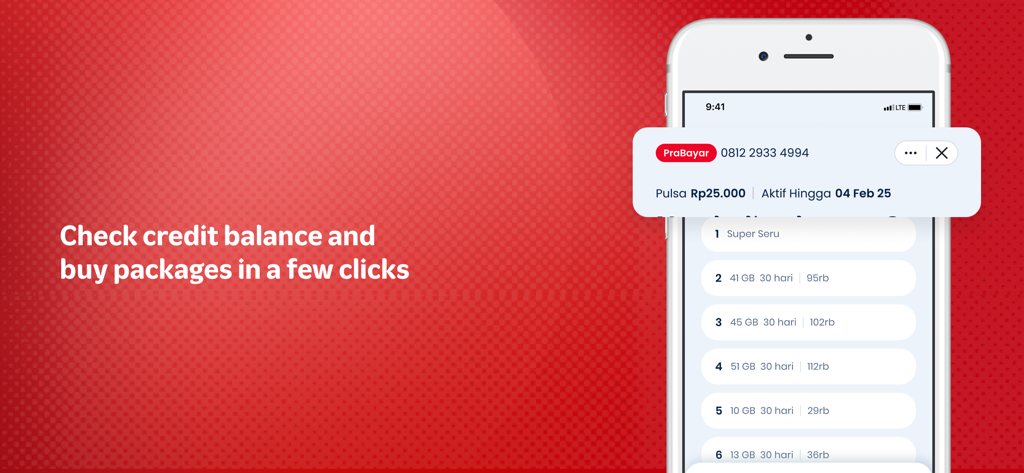 MyTelkomsel Basic - Interfaz de la aplicación MyTelkomsel Básico mostrando el saldo de crédito prepago y paquetes de datos de internet.