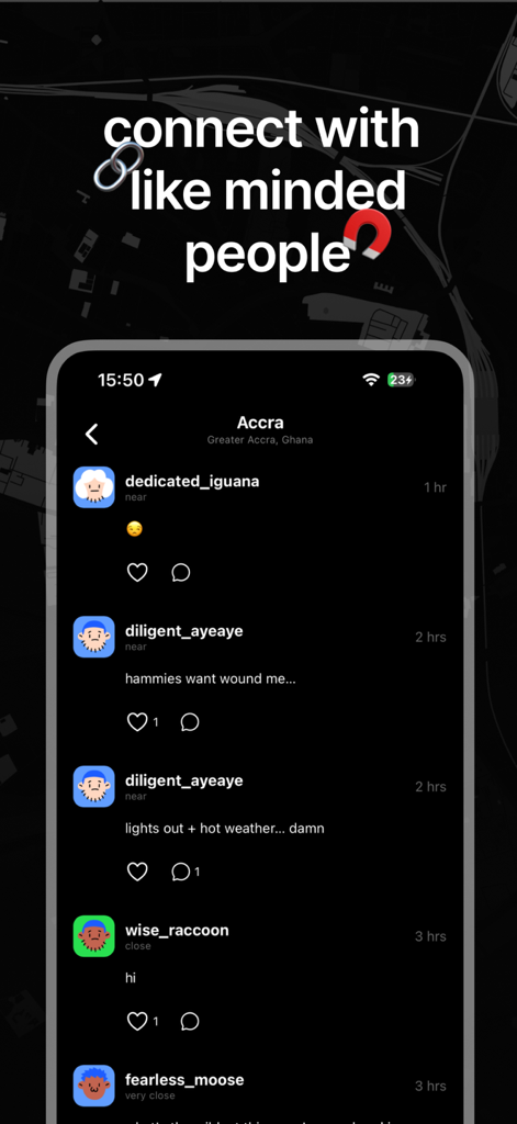 fren fren: people around you - Una interfaz móvil de la aplicación fren fren que muestra un feed de mensajes en tiempo real de usuarios en Accra con el titular 'conéctate con personas de ideas afines'.