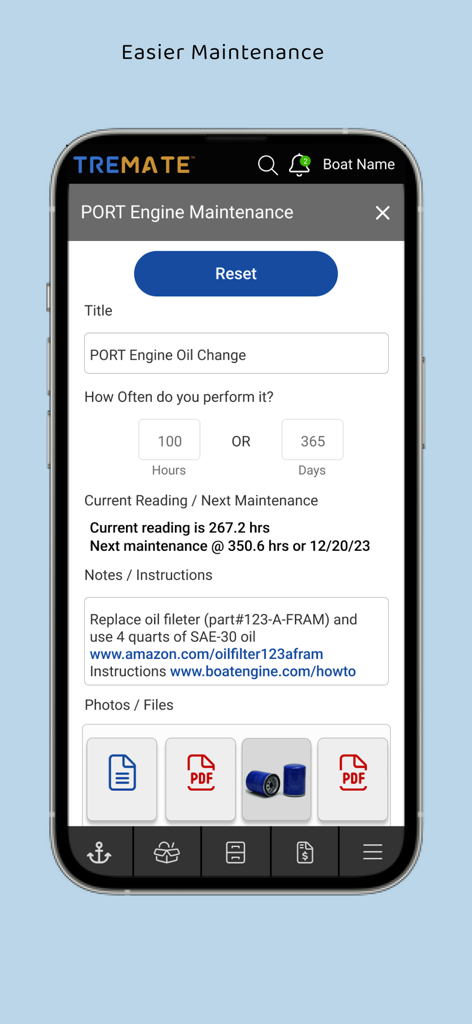 TreMate - Interfaz de la aplicación TreMate que muestra un programa de mantenimiento del motor del barco para un cambio de aceite con frecuencia de servicio y notas de piezas