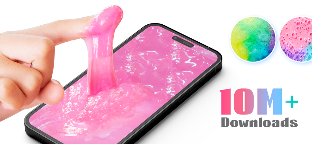 Hand stretching pink slime on a smartphone with ten million downloads badge