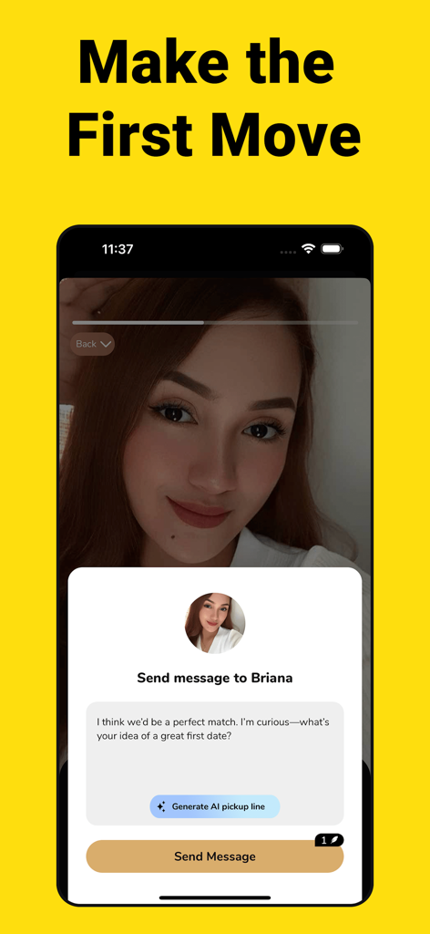 Mature Dating App- Flirt, Meet - A screenshot of the Mature Dating App showing a user profile and an icebreaker message interface with an AI pickup line generator.