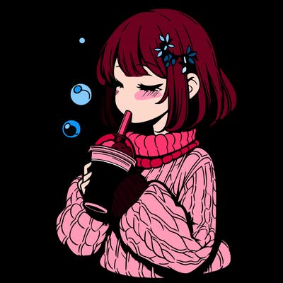 manga girl drinking boba in cozy sweater