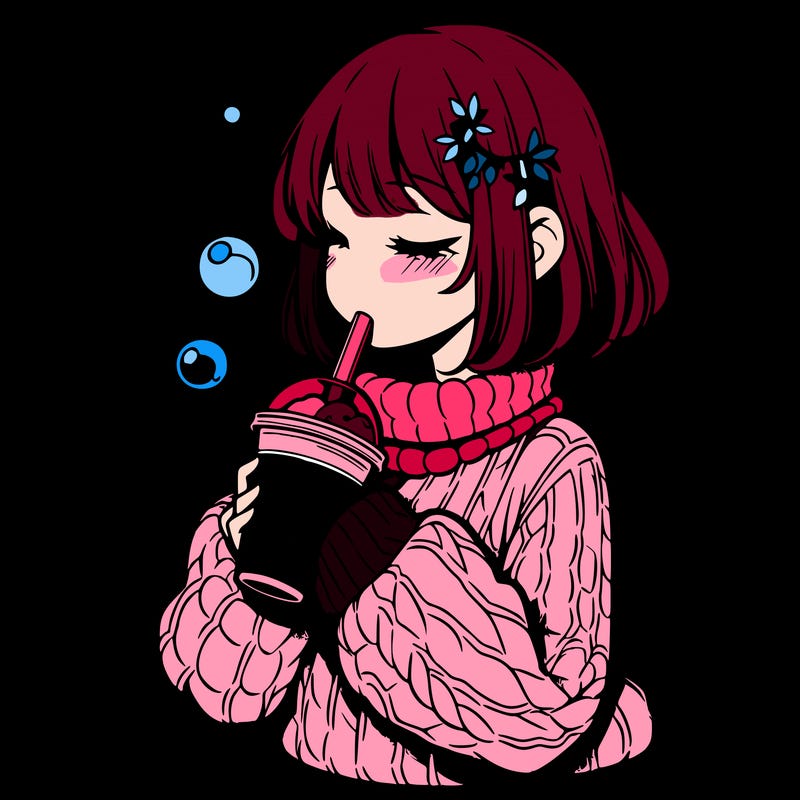 manga girl drinking boba in cozy sweater