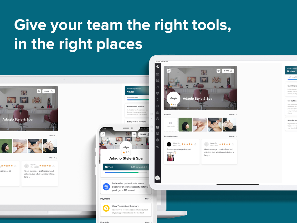 Booksy Biz Pro app interface displayed on laptop tablet and smartphone devices for salon management