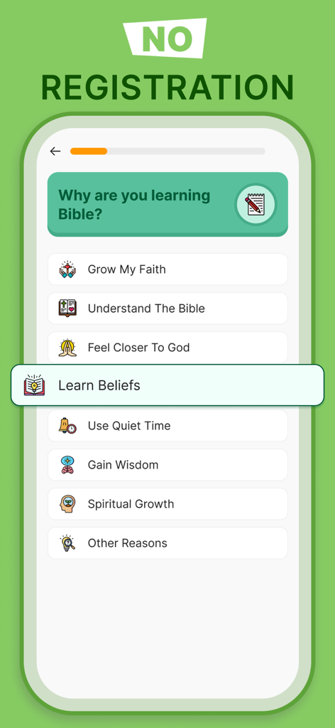 Bible for Beginners in a Year - Ein mobiler Bildschirm aus der App 'Bibel für Anfänger', der eine Umfrage zur Zielauswahl mit der Überschrift 'Keine Registrierung' zeigt.