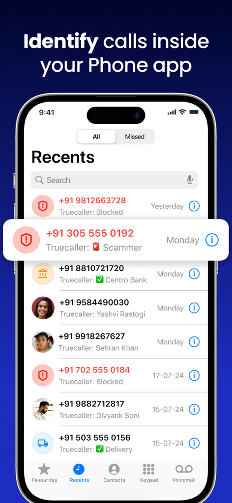 App Truecaller che identifica chiamate spam e verificate in un elenco chiamate recenti dell'iPhone.