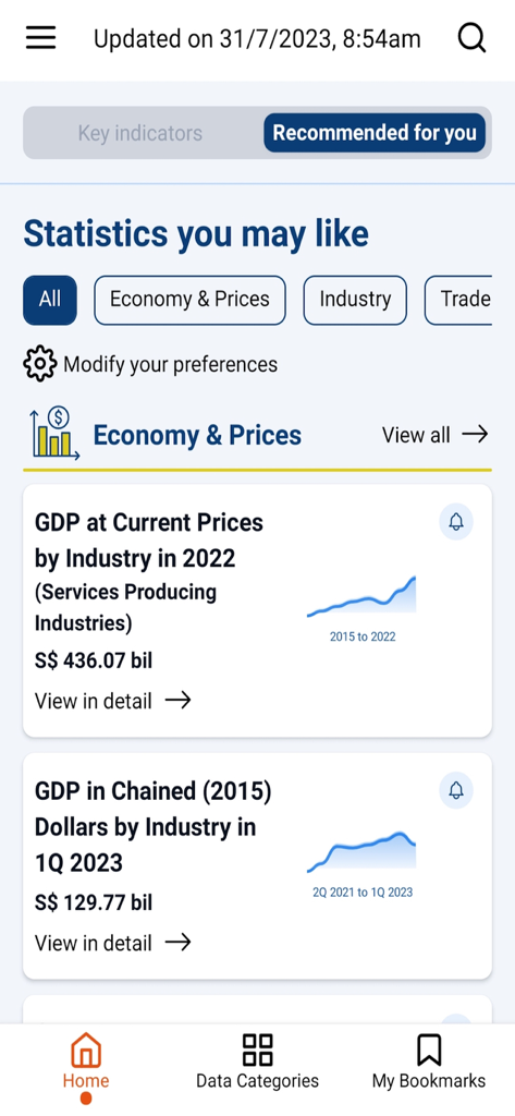 Dashboard dell'app SingStat che mostra il PIL di Singapore e le statistiche economiche con grafici interattivi.