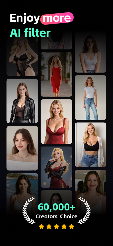 A collage of AI-generated female portraits in various styles showcasing the Xio app filters