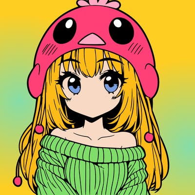 anime girl with chick shaped hat with sweater with bare shoulders with bangs covering them one eye with low tail