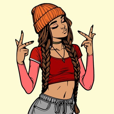 realistic teenage girl with braids and a beanie and crop top doing 🫶🏼