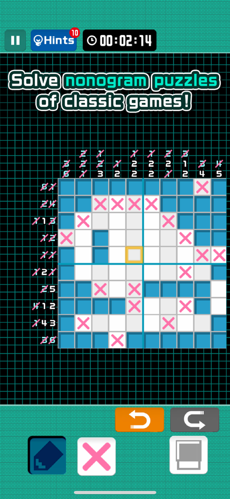 Una cuadrícula de puzle nonograma que muestra pixel art de juegos clásicos de Konami.