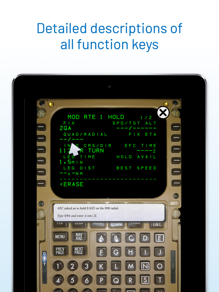 ホールドパターンを入力するためのボーイング757または767 FMSチュートリアルを表示するiPad画面