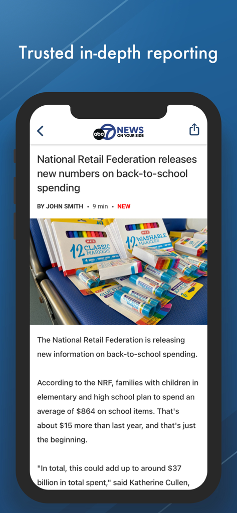 A smartphone displaying the ABC7 WJLA news app with a featured article about back to school spending numbers.