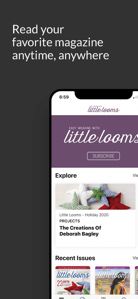 Little Looms - A screenshot of the Little Looms mobile app homepage featuring weaving magazine issues and project inspiration.