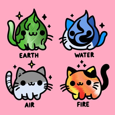 4 cats that represent the different elements, earth, water, air, and fire