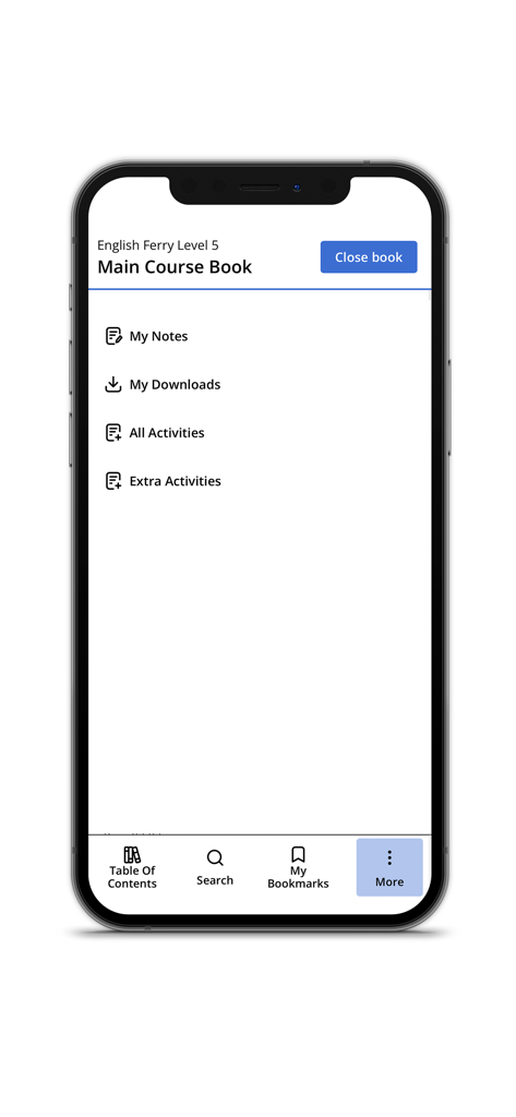 Macmillan Education Everywhere app interface showing course book options including notes downloads and activities